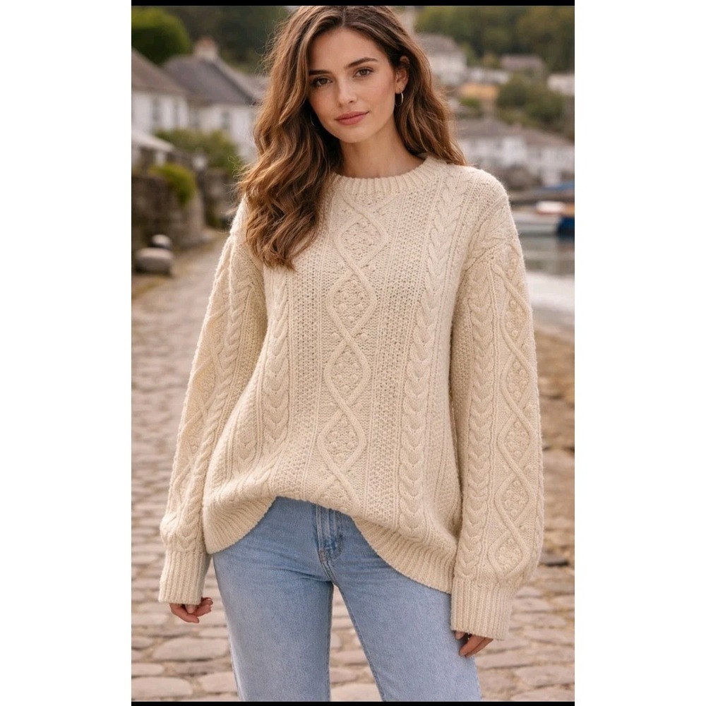 Hand Knitted Wool Fisherman‎ Sweater Cream Cable Knit Chunky Unisex Adult